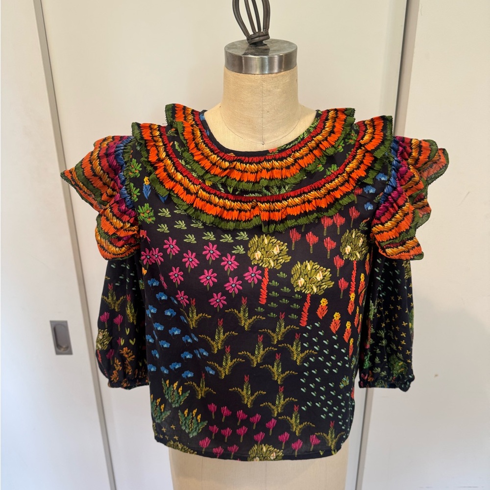 Floral Multicolor Ruffled Neck Women's Top